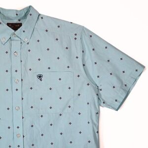 Ariat Button Down Shirt Mens M Blue Geometric Short Sleeve Cotton Western Casual